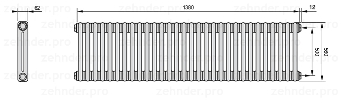 Схема (чертеж) Радиатор Zehnder Charleston 2056/30 №7610 Белый глянцевый RAL 9016